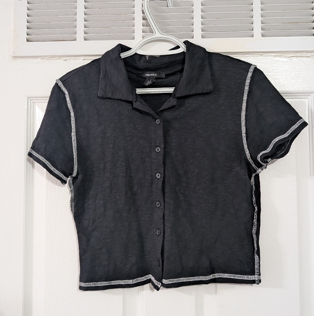 Black Button Up Crop Top